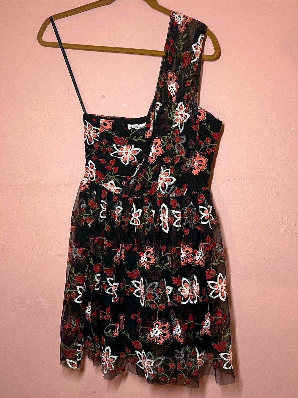 BCBGeneration One Shoulder Mini Dress NWT Size 4 Multi Floral Embroidered Mesh